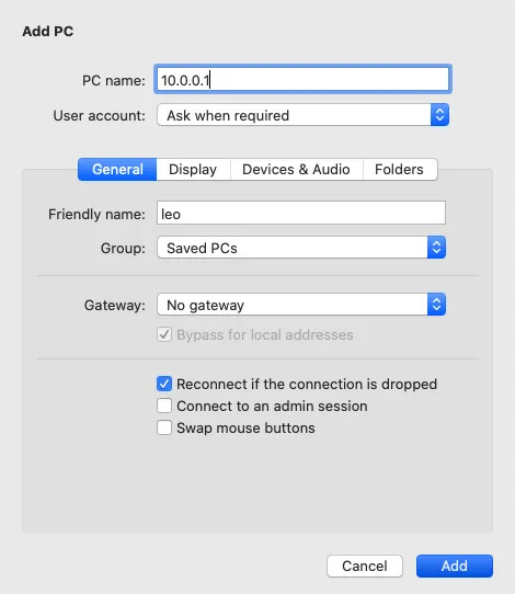 Add PC window inside Microsoft RDP