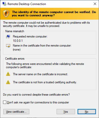 Certificate alert on RDP