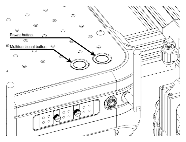 Diagram with arrows pointing to the buttons of Raph Rover, showing power and multifunctional buttons