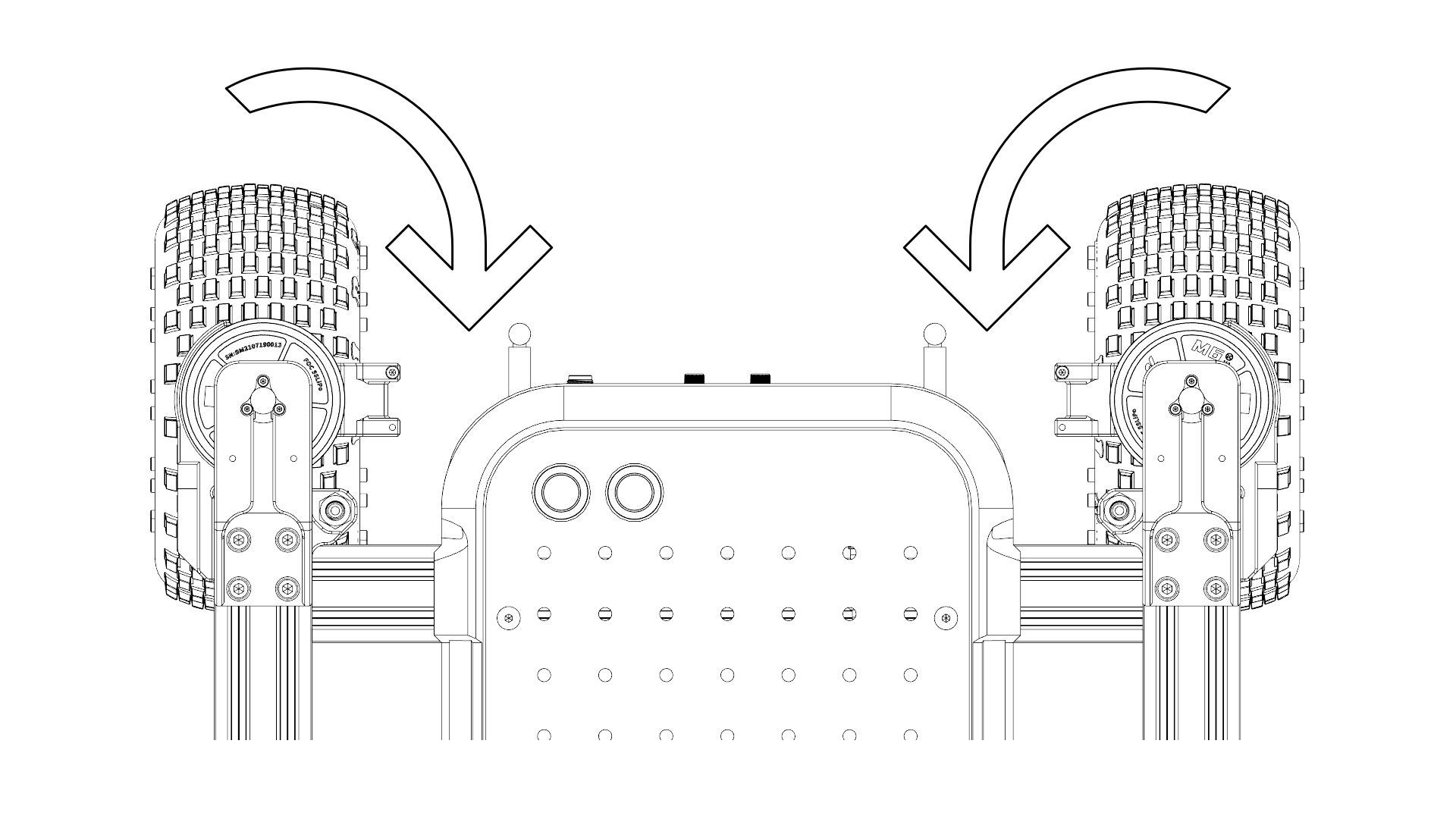 Top down view of the Raph Rover, with arrows next to the turning motors, showcasing movement during calibration