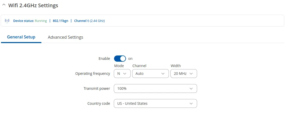 Channel and country code edit window in the RUTX10 WebUI